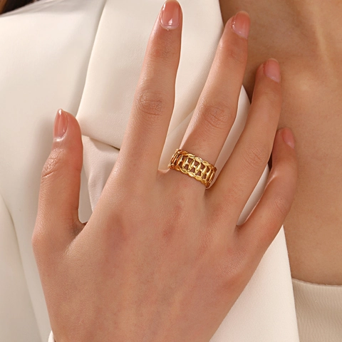 Hollow Woven Texture Ring 18K Gold Plated Stainless Steel Adjustable Open Band Geometric Jewelry For Women