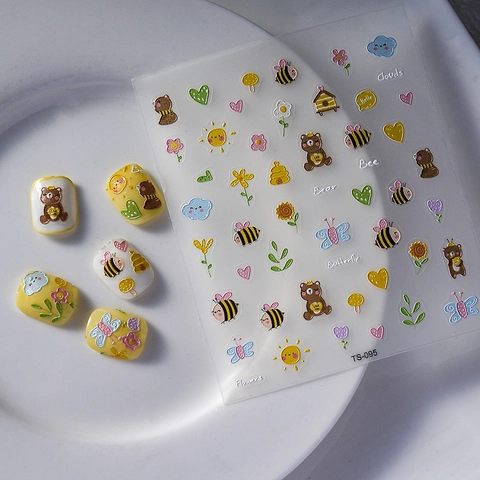 Stickers Ongles En Relief Ours Et Abeille Dessin Animé Mignon Imperméable Autocollant Décoration Manucure DIY