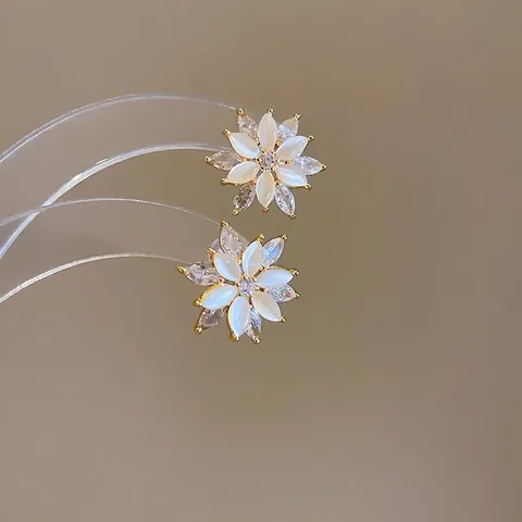 Boucles Oreilles Fleur Élégantes Avec Cuivre Zircon Pierre Oeil Chat Et Tige En Argent Style Français Bijoux Exquis