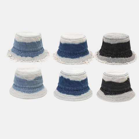 Cappello Alla Pescatora In Denim Lavato Gradiente Tie-Dye Distressed Bordo Sfilacciato Protezione Solare Vintage Donna