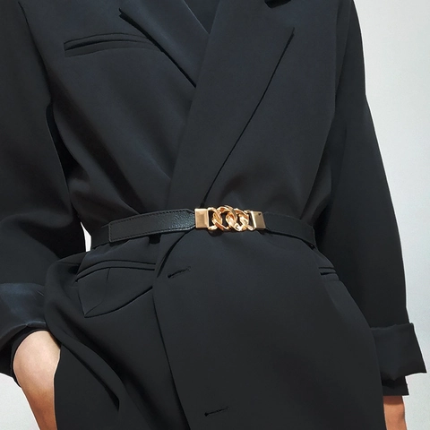 Damen Schmaler Elastischer Gürtel PU Leder Legierung Gold Silber Kettenschnalle Für Kleider Hemden Dekorative Taillenband