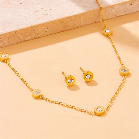 Collana Bracciale Orecchini In Acciaio Inossidabile Placcato Oro Tondo Numeri Romani Zircone Per Donna Elegante