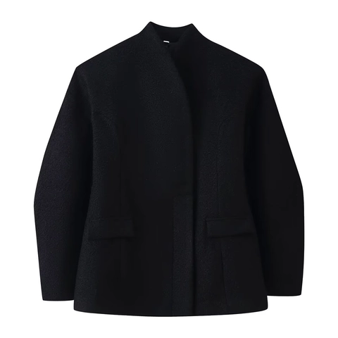 Chaqueta De Lana Para Mujer Cuello Alto Color Sólido Cintura Ajustada Elegante Ropa Solapas De Bolsillo Abrigo