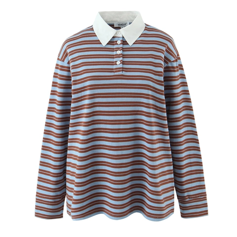 Gestreiftes Polohemd Für Damen Langarm Strick Baumwollmischung Revers V-Ausschnitt Lässig Preppy Retro Top
