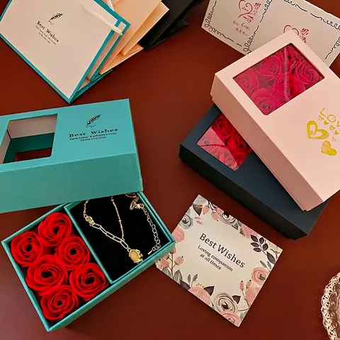 Schmuck Geschenkbox Mit Seifenblumen Rosen Transparentem Fenster Romantische Valentinskarte Und Tragetasche Elegant