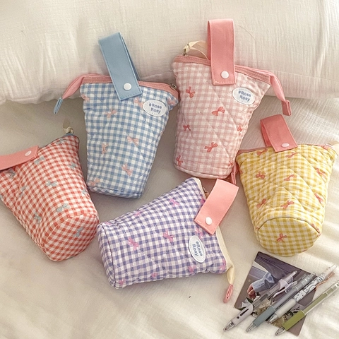 Quilted Cotton Plaid Pencil Case Aesthetic Kawaii Bowknot Cylinder Storage Bag Portable Stationery Organizer For Students