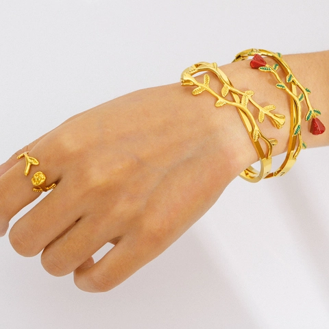 Open Armband En Ring Roos Doorn Wijnstok Roestvrij Staal 18K Verguld Waterdicht Hypoallergeen Elegante Sieraden