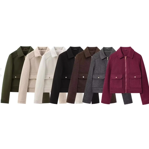 Women Crop Woolen Jacket Zip Up Turndown Collar Large Pockets Casual Long Sleeve Tweed Fleece Outerwear Coat