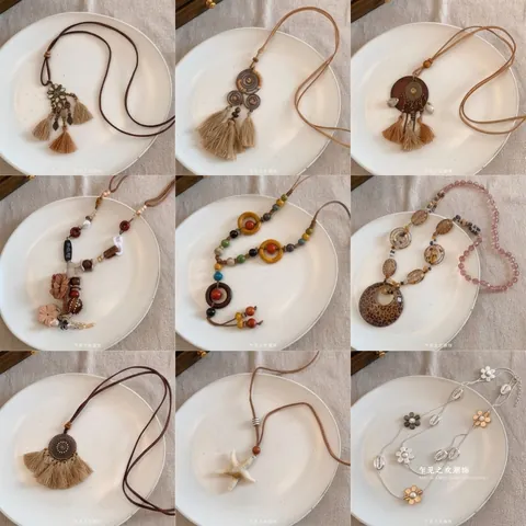 Collar Largo Étnico Bohemio Cuentas De Madera Borlas De Satén Colgante Flor Aleación Cadena Suéter Retro Accesorio Mujer