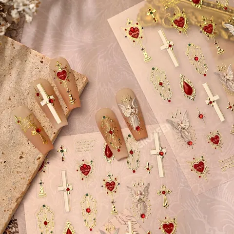 Barock 5D Relief Nagelsticker Vintage Religiöse Engel Herz Kreuz Goldfolie Geprägte Maniküre Dekor Für Frauen