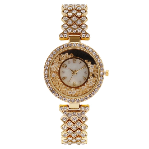 Montre Femme Strass Mode Bracelet Métal Luxe Cadran Perles Flottantes Face Nacre Élégante Montre Quartz Bijoux Cadeau