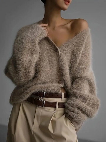Cárdigan De Punto Con Cuello En V Para Mujer Suéter Piel De Visón Sintética Felpa Holgado Casual Liso