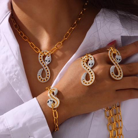 Elegante Collana e Bracciale con Pendente a Forma di Serpente in Acciaio Inossidabile Francese Vintage Placcato Oro Strass Donna
