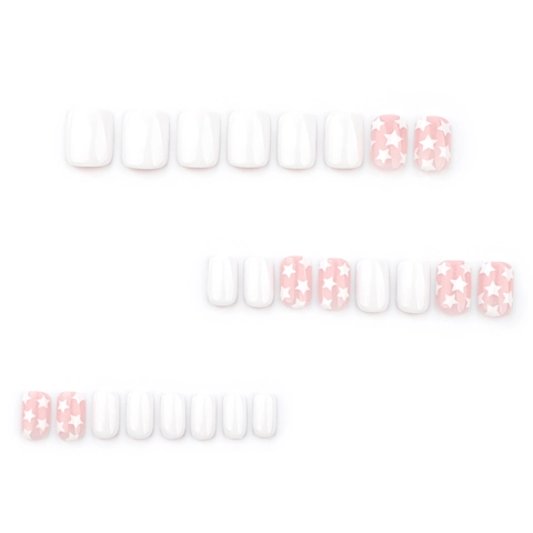 Short Square Press On Nails White Solid Color Pink White Star Pattern Detachable False Nails For Women Daily Manicure