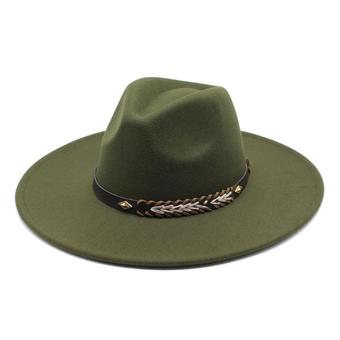 Chapeau Fedora À Bord Large Feutre De Laine Style Jazz Western Vintage Avec Bande Tressée En Cuir Rivets Métalliques