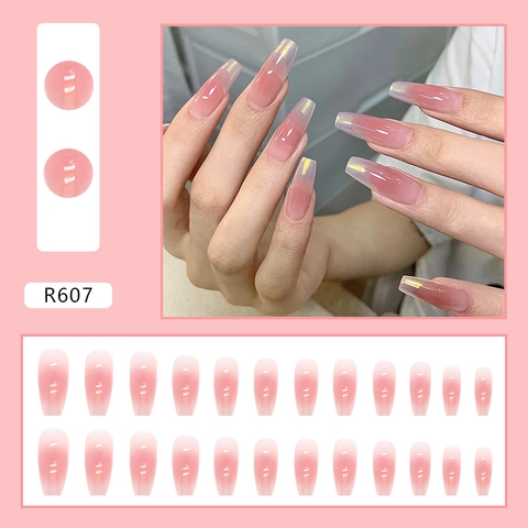 Uñas Postizas Largas Tipo Bailarina Degradado Rosa Brillo Aurora Translúcidas Coffin Para Mujeres Estilo Dulce Moderno
