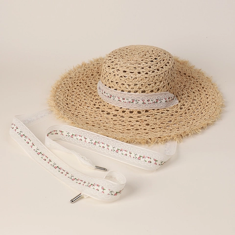 Chapeau De Paille En Raphia Toit Plat Bord Large Avec Ruban En Dentelle Florale Respirant Vacances Plage Été Femmes