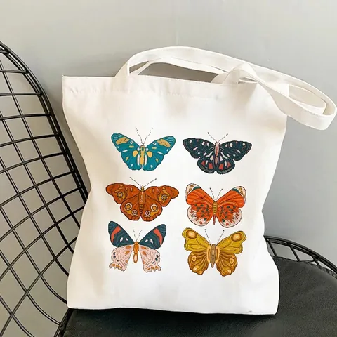 Vintage Aesthetic Canvas Tote Bag Mushroom Frog Butterfly Botanical Print Reusable Grocery Shopping Handbag Casual Daily Shoulder Bag For Women Students
