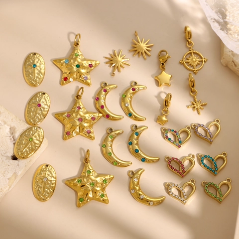 Stainless Steel DIY Jewelry Charms Pendants And Chains Star Moon Heart Shapes With Colorful Rhinestones For Necklace Making