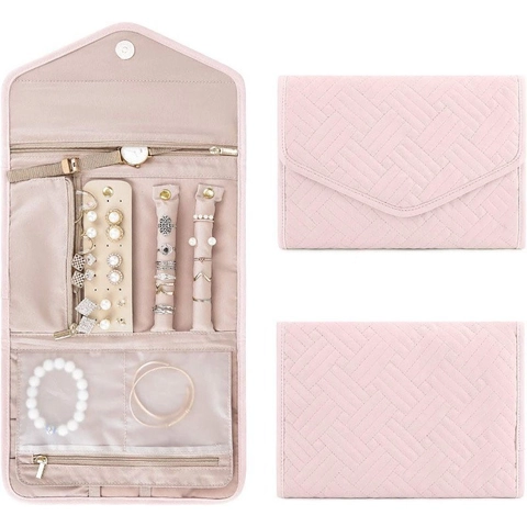 Travel Jewelry Organizer Bag Quilted Polyester Foldable Portable Storage For Rings Earrings Necklaces Magnetic Closure Soft