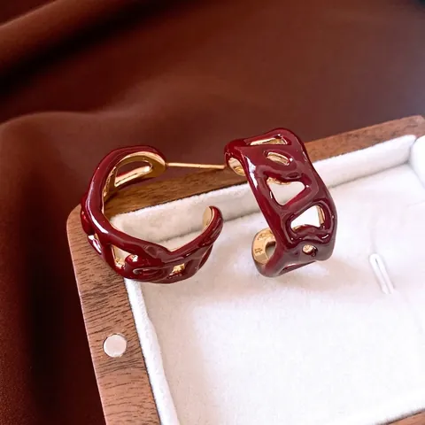 Orecchini A Cerchio Geometrici Cavi Smalto Rosso Vino Rame Placcato Oro Con Perno In Argento Sterling 925 Per Donna