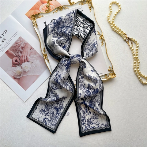 Elegante Sciarpa Sottile Da Collo Raso Di Raso Artificiale Stampa Fronte Retro Floreale Paesaggio Nastro Per Borse Donna