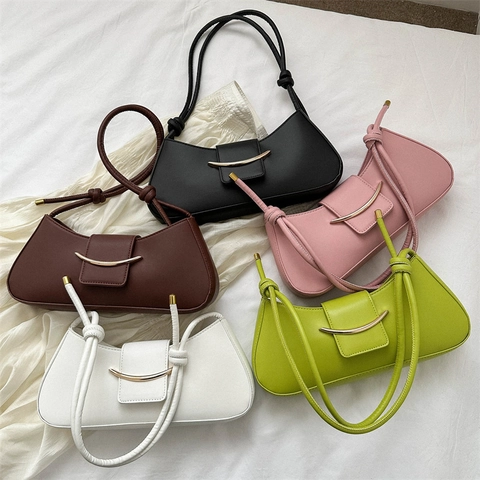 Minimalist PU Leather Underarm Bag For Women With Gold Moon Buckle French Style Shoulder Bag Baguette Handbag