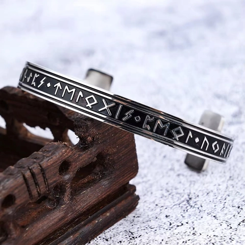 Viking Rune Cuff Bracelet Stainless Steel Nordic Myth Rune Bangle Vintage Jewelry For Men Women Open Bangle Accessory