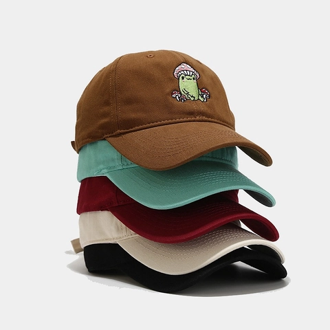 Cartoon Frosch Pilz Bestickte Baseballkappe Baumwolle Verstellbar Gebogene Krempe Outdoor Sonnenhut Damen Herren