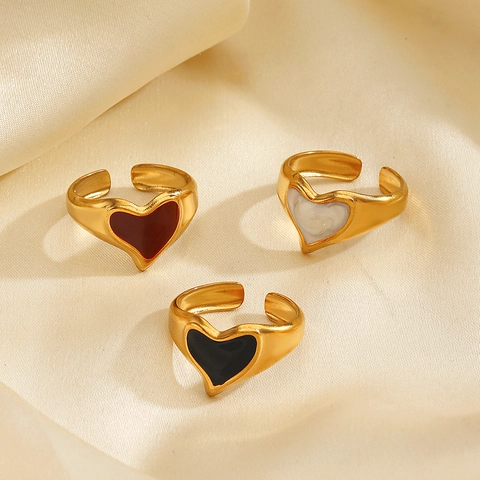 Vintage Heart Stainless Steel Open Ring 18K Gold Plated Enamel Adjustable Drip Oil Fashion Jewelry For Women