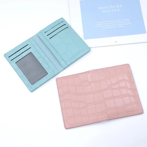 Women PU Leather Crocodile Pattern Bifold Card Holder Slim Credit Card Organizer Photo Window Macaron Colors Sweet Style