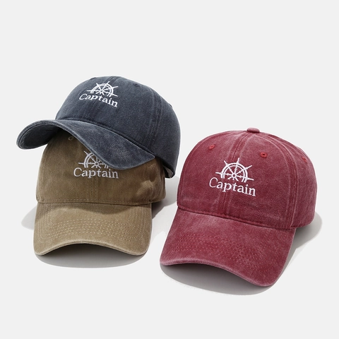 Vintage Washed Cotton Baseball Cap With Captain Embroidery Retro Style Adjustable Sun Hat For Men Women