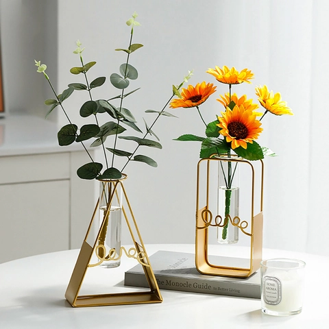 Nordic Creative Gold Metal Frame Hydroponic Vase With Glass Test Tube Love Decoration For Desktop Home Office Decor