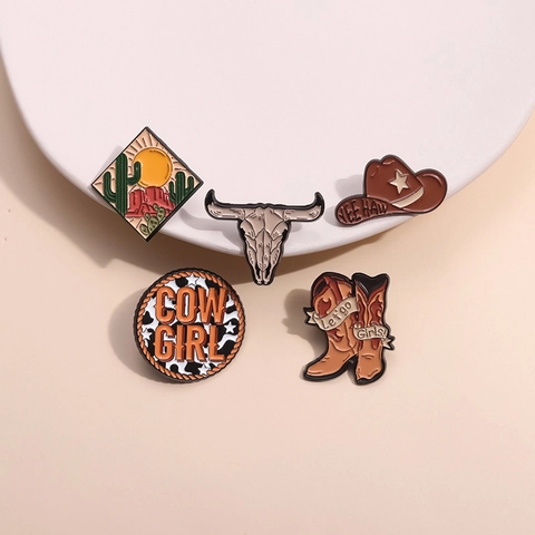 Broche Esmalte Vaquero Western Aleación Zinc Sombrero Cowgirl Botas Cráneo Toro Desierto Insignia Pin Joyería Ropa Decoración