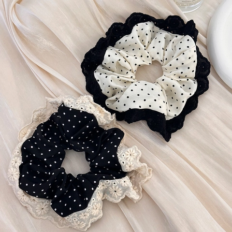 Polka Dot Spitzen Scrunchie Haargummi Polyester Vintage Elegant Retro Haar Styling Zubehör Für Damen Mädchen
