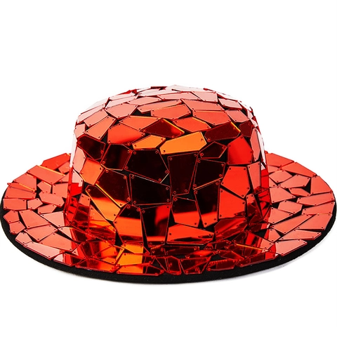 Rode Fedora Hoed Met Spiegelpailletten Brede Rand Reflecterend Polyester Katoen Jazz Pet Voor Podium Feest