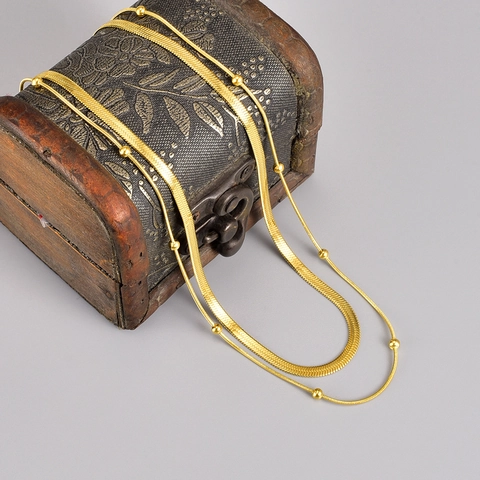 Double Layered Titanium Steel Necklace For Women Gold Plated Snake Chain Bead Chain Vintage Style Fashion Jewelry Accessory