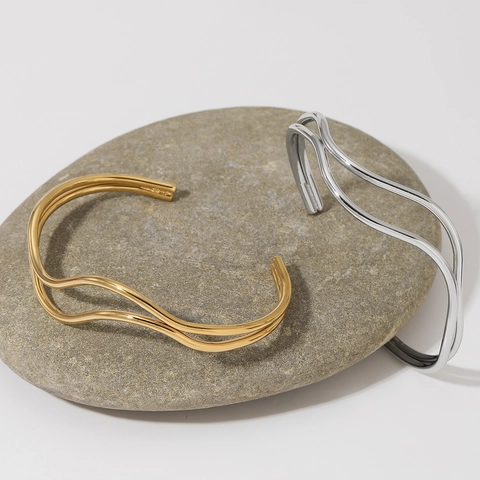 Brazalete De Puño Acero Inoxidable Ola Irregular Doble Línea Minimalista Joyería De Moda Para Mujeres