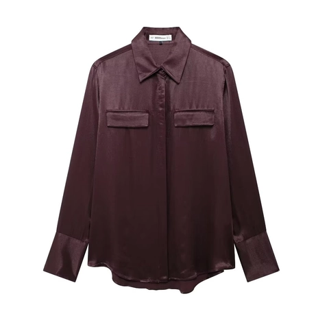 Blusa Satinada De Mujer Manga Larga Elegante Color Sólido Cuello Solapa Con Bolsillos En El Pecho Oficina