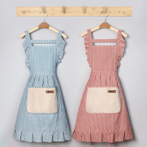 Kitchen Apron Cotton Linen TPU Waterproof Oilproof Hand Wiping Large Pocket Princess Lace Striped Adjustable Cooking