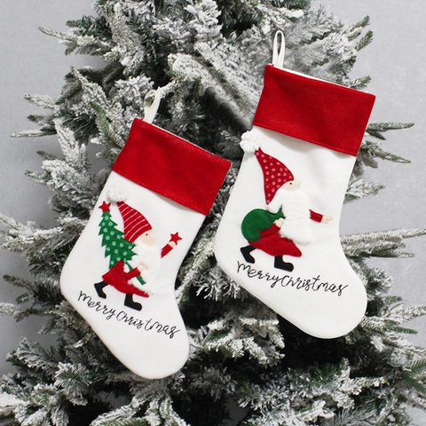 Calza Di Natale Tessuto Peluche Applique Babbo Natale Gnomo Ricamo Grande Decorazione Appesa Camino Albero