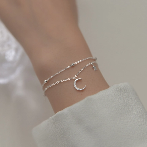 Bracciale Doppio Strato Stella Luna Con Zircone Rame Argentato Gioielli Regolabili Per Donna Stile Design Nicchia