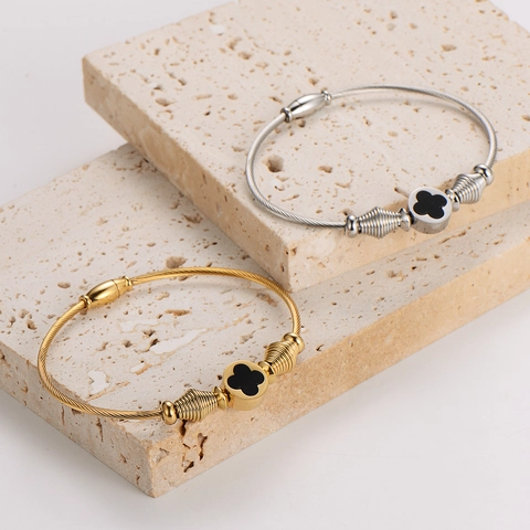 Brazalete De Cable De Acero Inoxidable Cuerda Retorcida Trébol De Cuatro Hojas Esmalte Negro Joyería Elegante Para Mujer