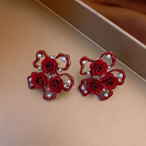 Orecchini A Fiore Di Rosa Rossa Lega Strass Con Imitazione Perla Artificial E Perno In Argento Stile Retro Vintage Donne