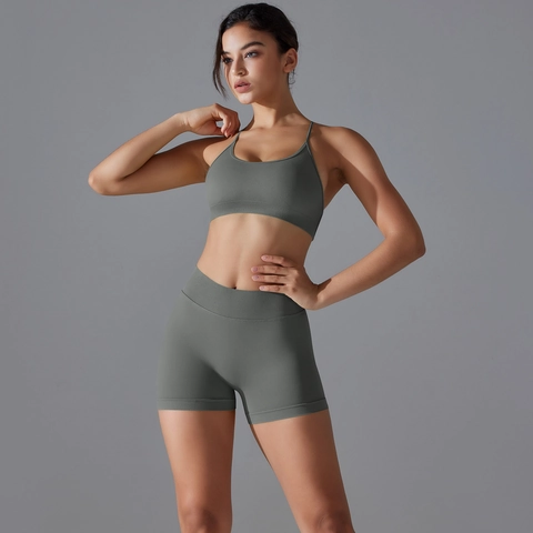 Abbigliamento Yoga Donna Maglia Senza Cuciture Vita Alta Pantaloncini Push Up Reggiseno Sportivo Incrocio Dietro