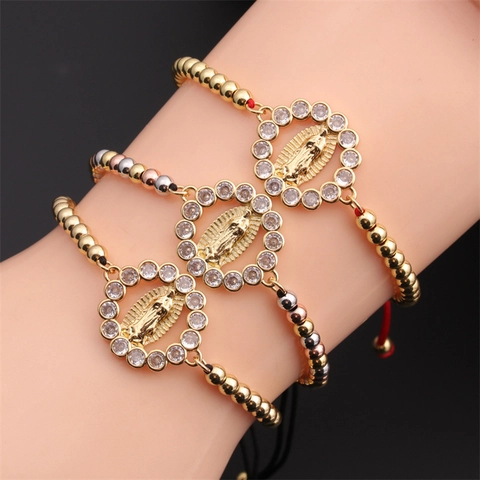 Jungfrau Maria Religiöses Charm Armband Kupferperlen Bunter Zirkonia Verstellbares Seil Schmuck Für Damen Herren Minimalistisch