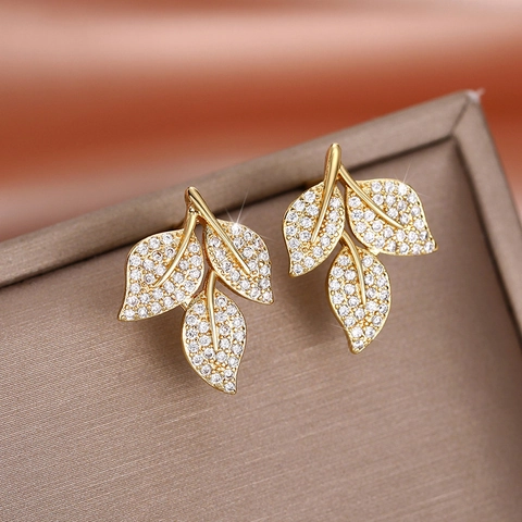Boucles D Oreilles Puces Feuilles Botaniques Cuivre Zircon Incrusté Plaqué Or Bijoux Scintillants Pour Femmes