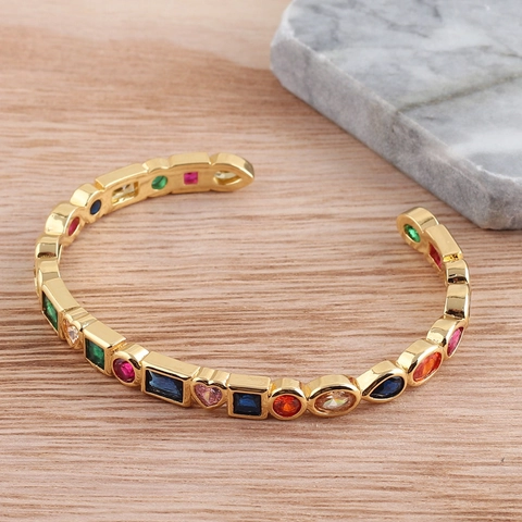 Regenbogen Zirkon Öffnung Armreif Kupfer Vergoldet Verstellbar Geometrische Form Armband Für Frauen