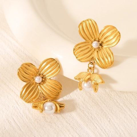 Pendientes De Botón De Flor Y Perla Artificial De Acero Inoxidable Chapado En Oro 18K Joyería Floral Vintage Retro Para Mujeres Impermeable