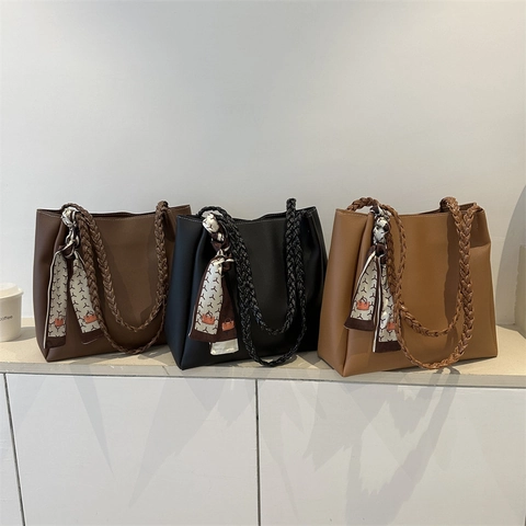 Large Capacity Women Tote Bag PU Leather Handbag With Woven Handles And Printed Scarf Urban Trend Commuting Shoulder Bag